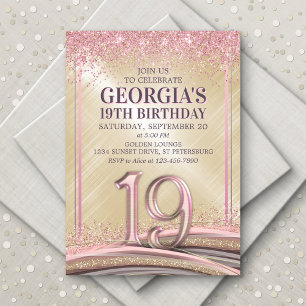 Glitter Glam Rose Gold 19th Birthday Invitation
