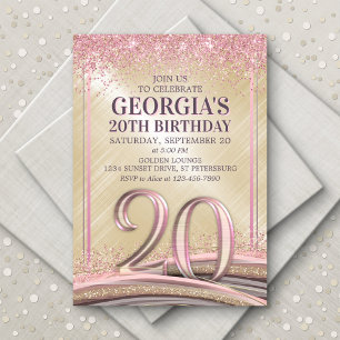 Glitter Glam Rose Gold 20th Birthday Invitation
