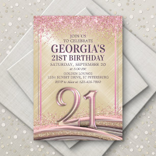 Glitter Glam Rose Gold 21st Birthday Invitation