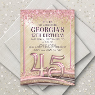 Glitter Glam Rose Gold 45th Birthday Invitation
