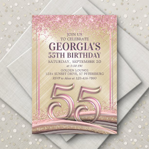 Glitter Glam Rose Gold 55th Birthday Invitation