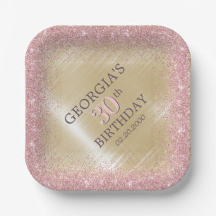 Glitter Glam Rose Gold Birthday Paper Plate