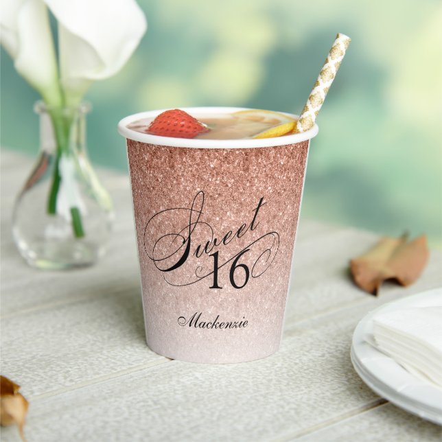 Glitter Glam Sweet 16 Rose Gold Personalised  Paper Cups (Insitu)