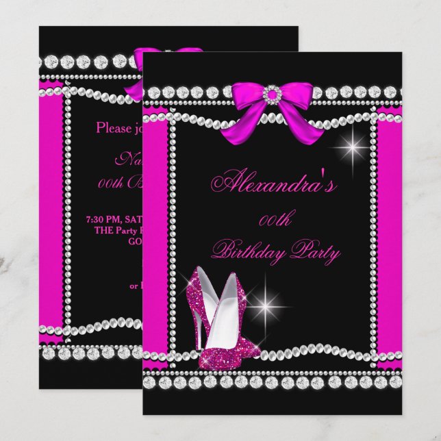 Glitter Glamour Black Hot Pink High Heels Birthday Invitation (Front/Back)