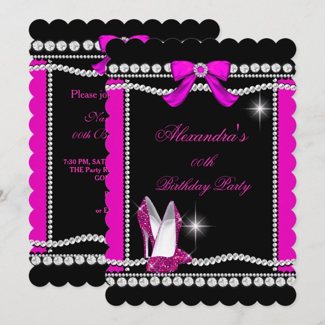 Glitter Glamour Black Hot Pink High Heels Birthday Invitation (Front/Back)