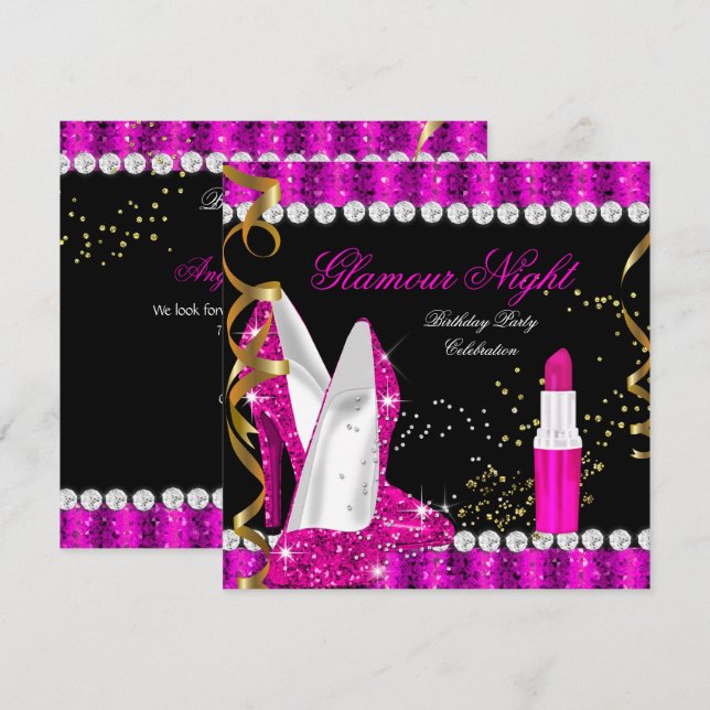 Glitter Glamour Hot Pink Gold Black Birthday Invitation (Front/Back)