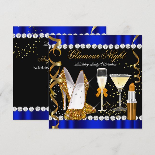 Glitter Glamour Night Blue Gold Black Party Invitation (Front/Back)