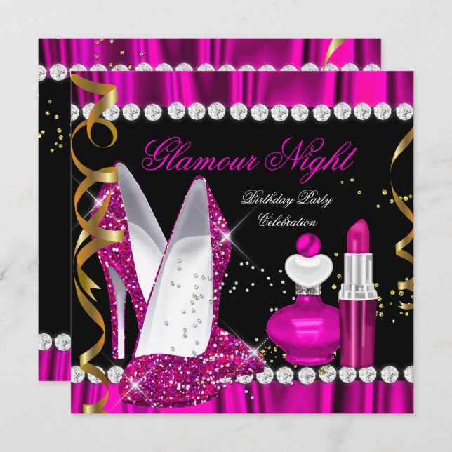 Glitter Glamour Night Deep Pink Gold Black Party 2 Invitation (Front/Back)