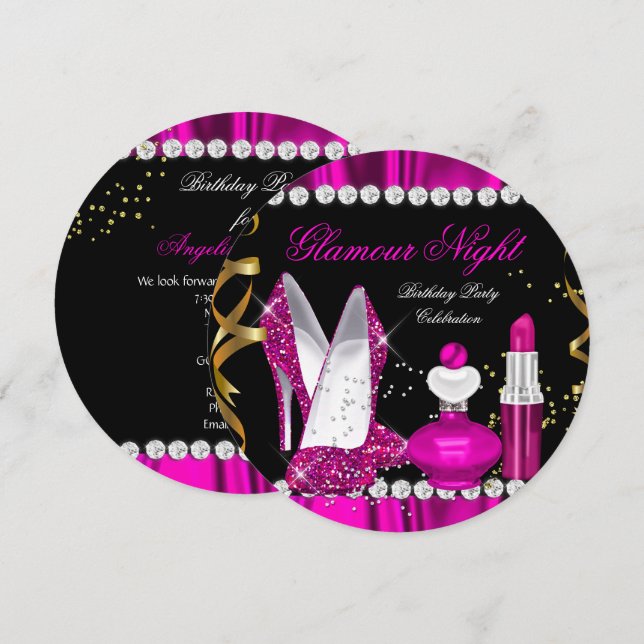 Glitter Glamour Night Deep Pink Gold Black Party a Invitation (Front/Back)