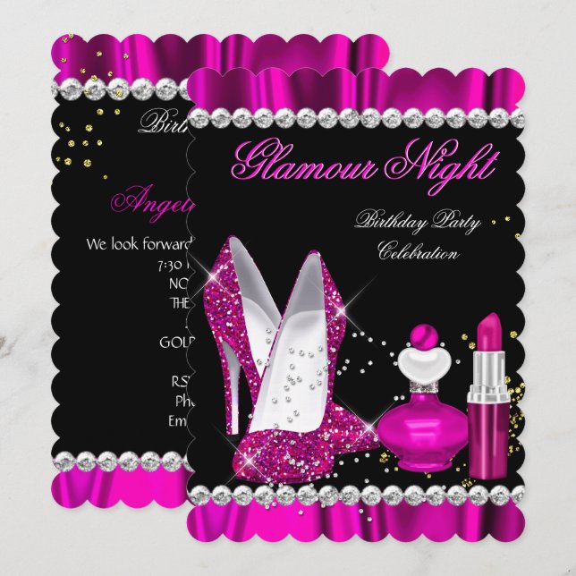 Glitter Glamour Night Deep Pink Gold Black Party b Invitation (Front/Back)