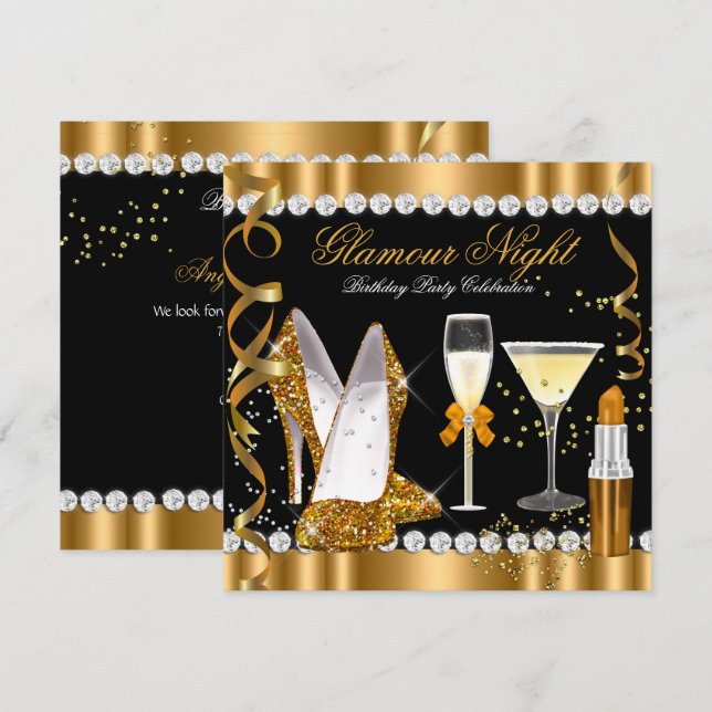 Glitter Glamour Night Gold Black Silver Party Invitation (Front/Back)