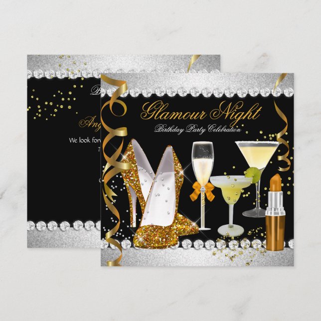 Glitter Glamour Night Gold Black Silver Party Invitation (Front/Back)