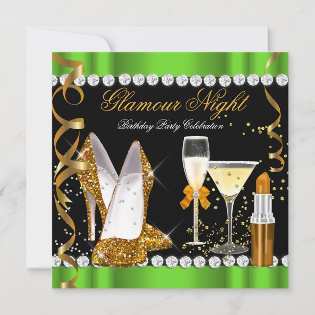 Glitter Glamour Night Lime Green Gold Black Party Invitation (Front)