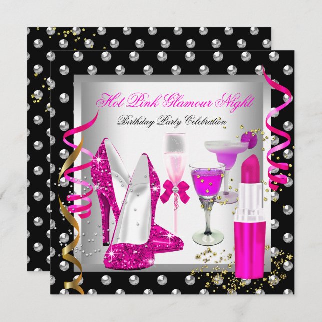 Glitter Glamour Night Pink Silver Birthday Party Invitation (Front/Back)