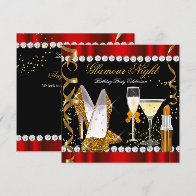 Glitter Glamour Night Red Gold Black Party Invitation (Front/Back)