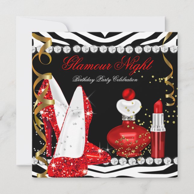 Glitter Glamour Night Red Gold Black Zebra Invitation (Front)