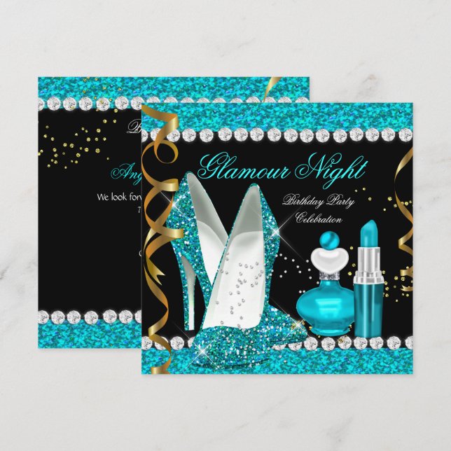 Glitter Glamour Night Teal Blue Gold Black Party 2 Invitation (Front/Back)