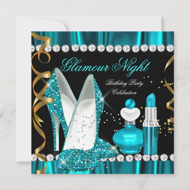 Glitter Glamour Night Teal Blue Gold Black Party 3 Invitation (Front)