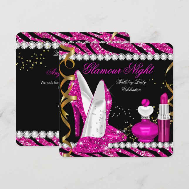 Glitter Glamour Night Zebra Deep Pink Gold Black 2 Invitation (Front/Back)