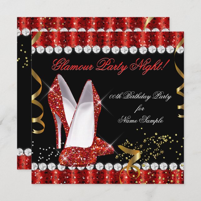 Glitter Glamour Party Night Red Gold Heels Invitation (Front/Back)
