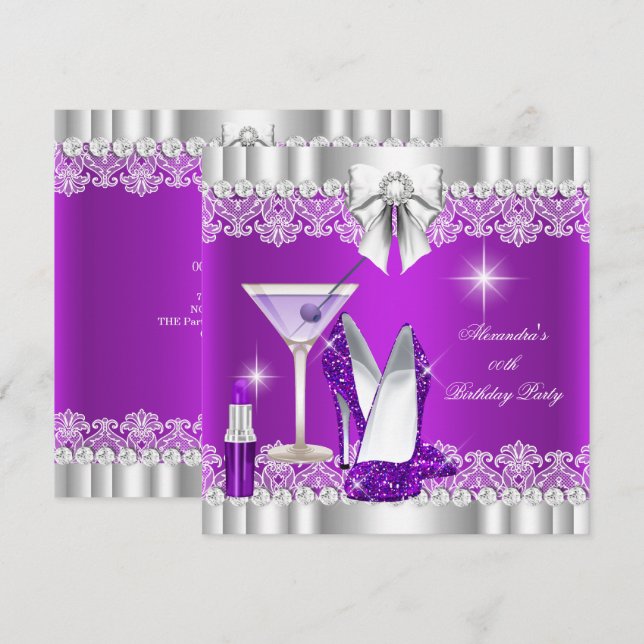 Glitter Glamour Purple Hi Heels Lipstick Martini Invitation (Front/Back)