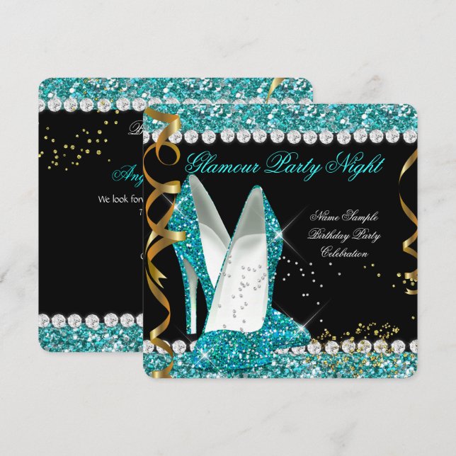 Glitter Glamour Teal aqua Gold Black Party Invitation (Front/Back)