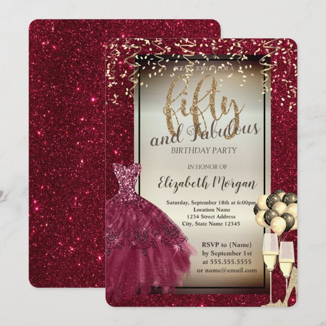 Glitter Glass,Balloons,Dress Red 50th Birthday   Invitation (Front/Back)