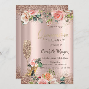 Glitter Glass High Heels,Roses Quinceañera Invitation