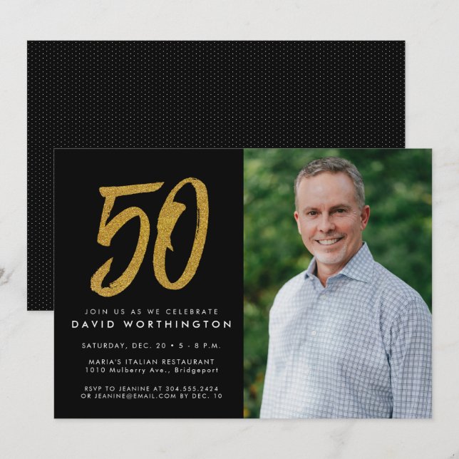 Glitter gold 50th birthday party photo invitation (Front/Back)