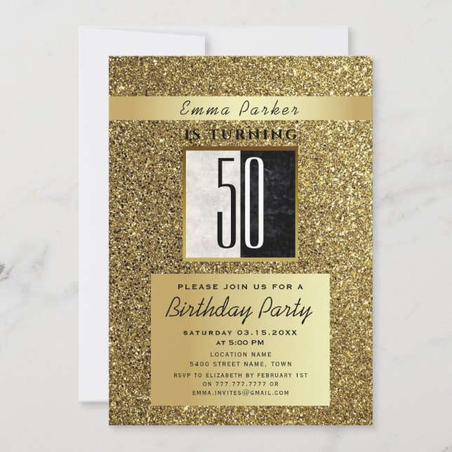 Glitter Gold and Black 50th Birthday Invitation (Front)