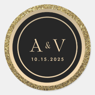 Glitter Gold and Black Monogram Wedding Classic Round Sticker