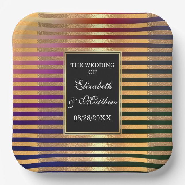 Glitter Gold and Black Wedding Square  Paper Plate (Front)