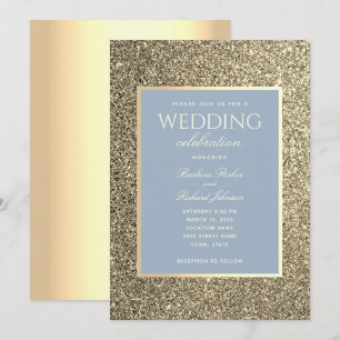 Glitter Gold And Dusty Blue Wedding Invitation