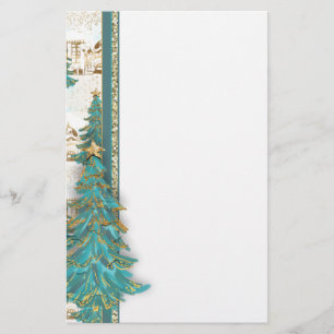 Glitter Gold and Green Border with Christmas Trees Stationery