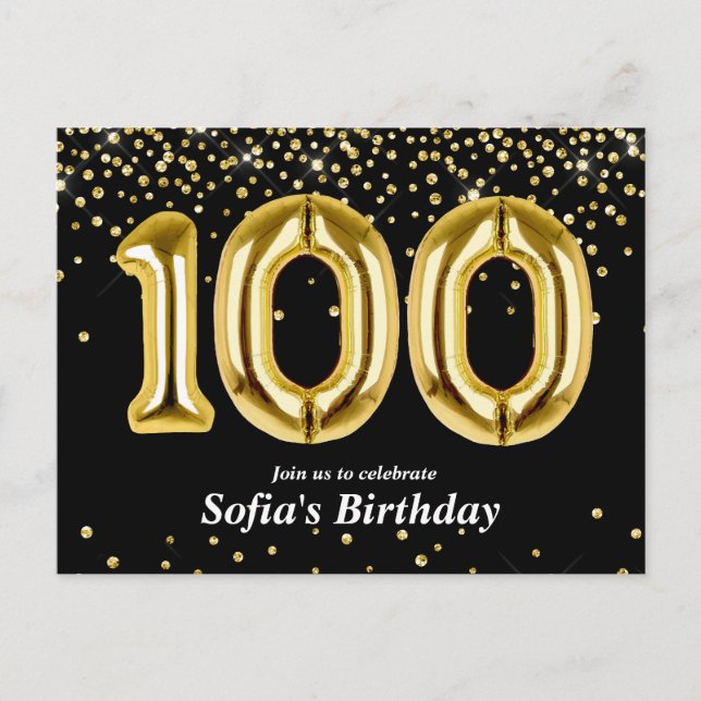 glitter gold balloon for 100th birthday party postcard (Front)