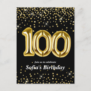 glitter gold balloon for 100th birthday party postcard