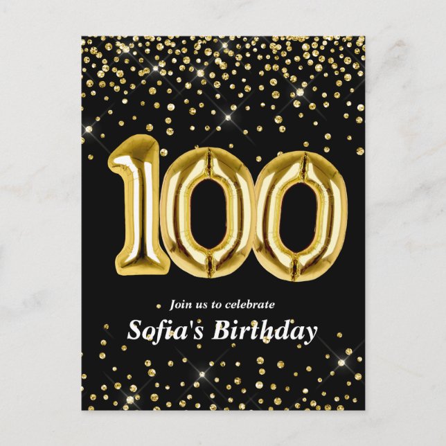 glitter gold balloon for 100th birthday party postcard (Front)