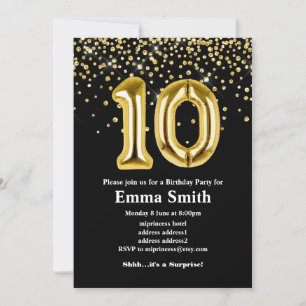 glitter gold balloon for 10th birthday party invitation