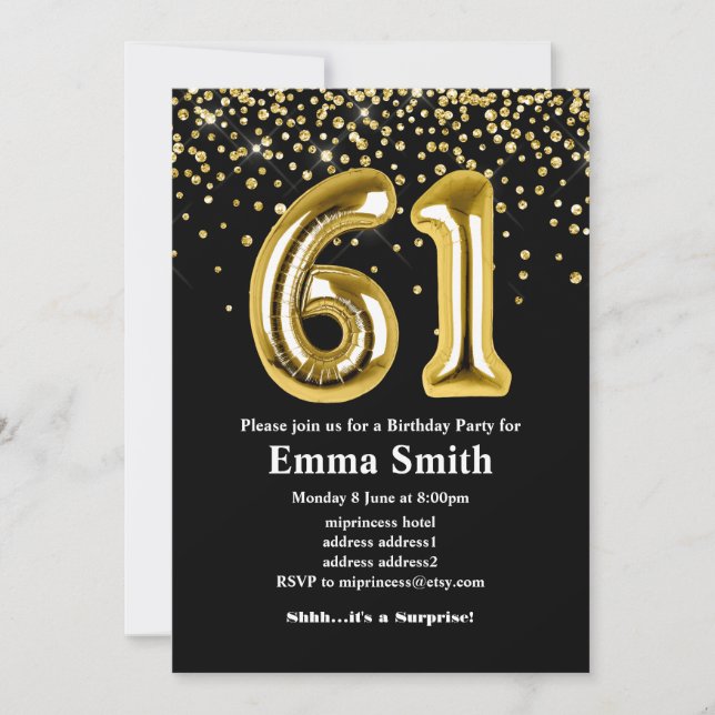 glitter gold balloon for 61th birthday party  invitation (Front)