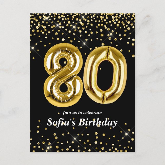 glitter gold balloon for 80th birthday party postcard (Front)