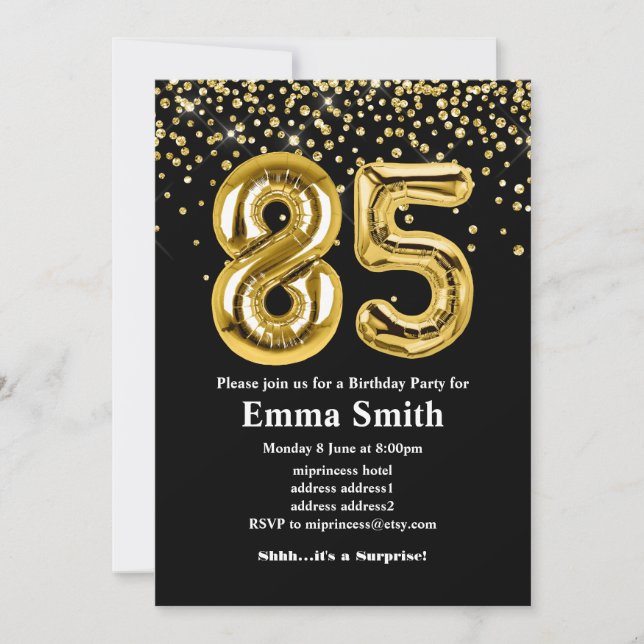 glitter gold balloon for 85th birthday party invitation (Front)