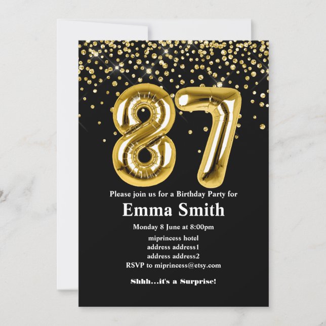 glitter gold balloon for 87th birthday party invitation (Front)