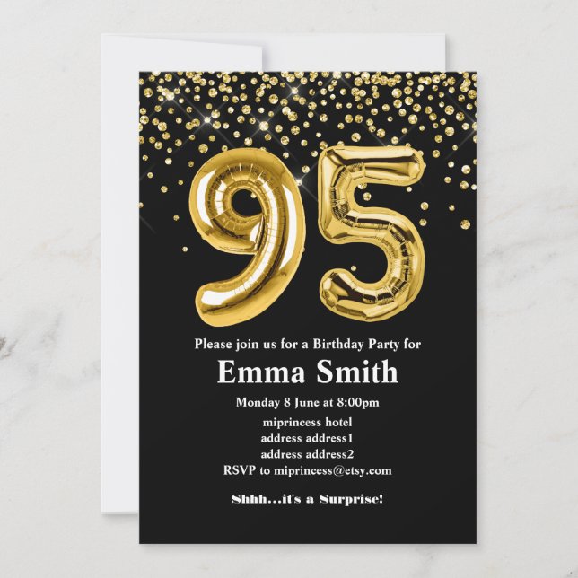 glitter gold balloon for 95th birthday party invitation (Front)