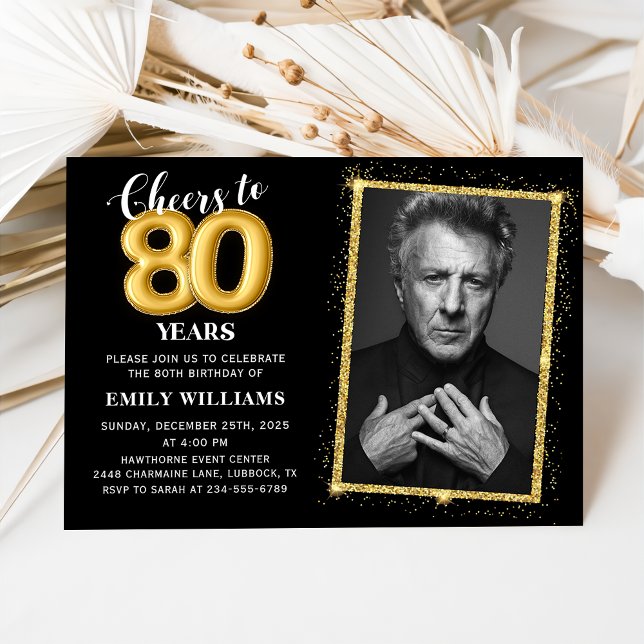 Glitter Gold Black 80th Birthday Photo Party Invitation (Creator Uploaded)