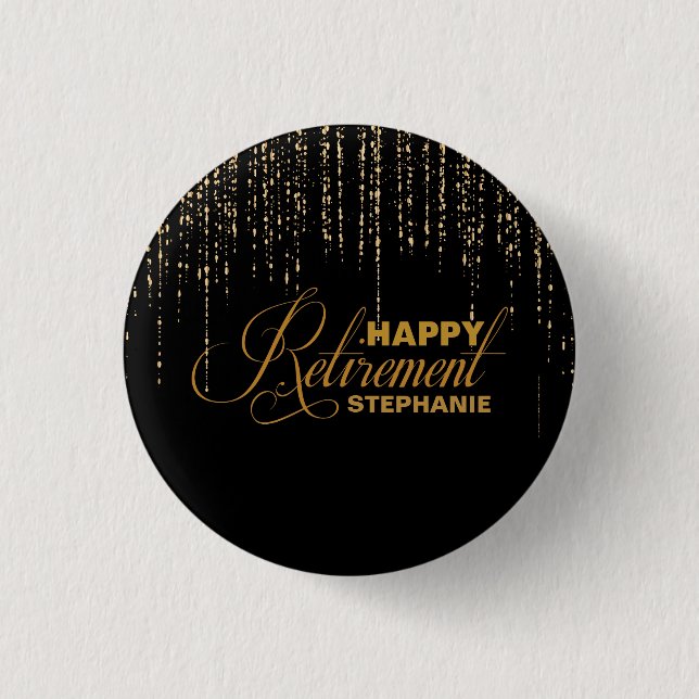 Glitter, Gold & Black Retirement Party Favour 3 Cm Round Badge (Front)