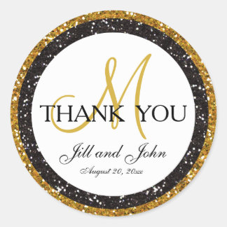 Glitter Gold Black Thank You Wedding Favour Sticke Classic Round Sticker