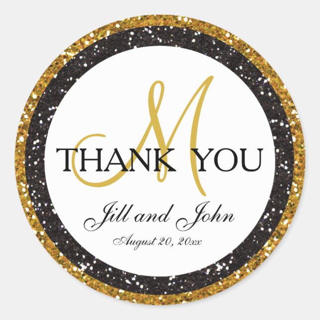 Glitter Gold Black Thank You Wedding Favour Sticke Classic Round Sticker (Front)