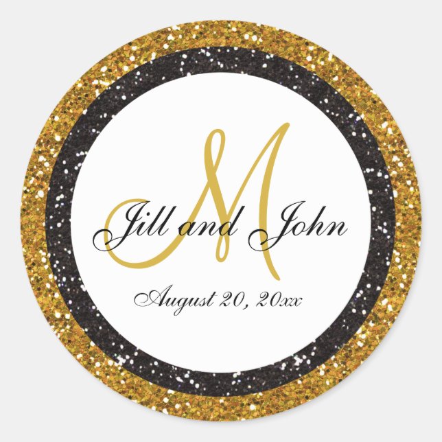 Glitter Gold Black Wedding Monogram Seals Sticker (Front)