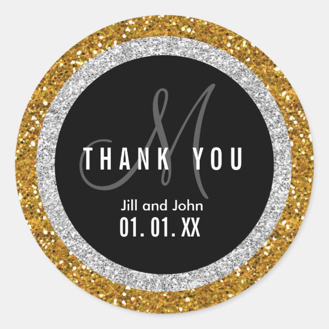 Glitter Gold Black Wedding Thank You Favour Sticke Classic Round Sticker (Front)