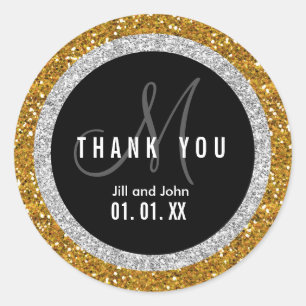 Glitter Gold Black Wedding Thank You Favour Sticke Classic Round Sticker
